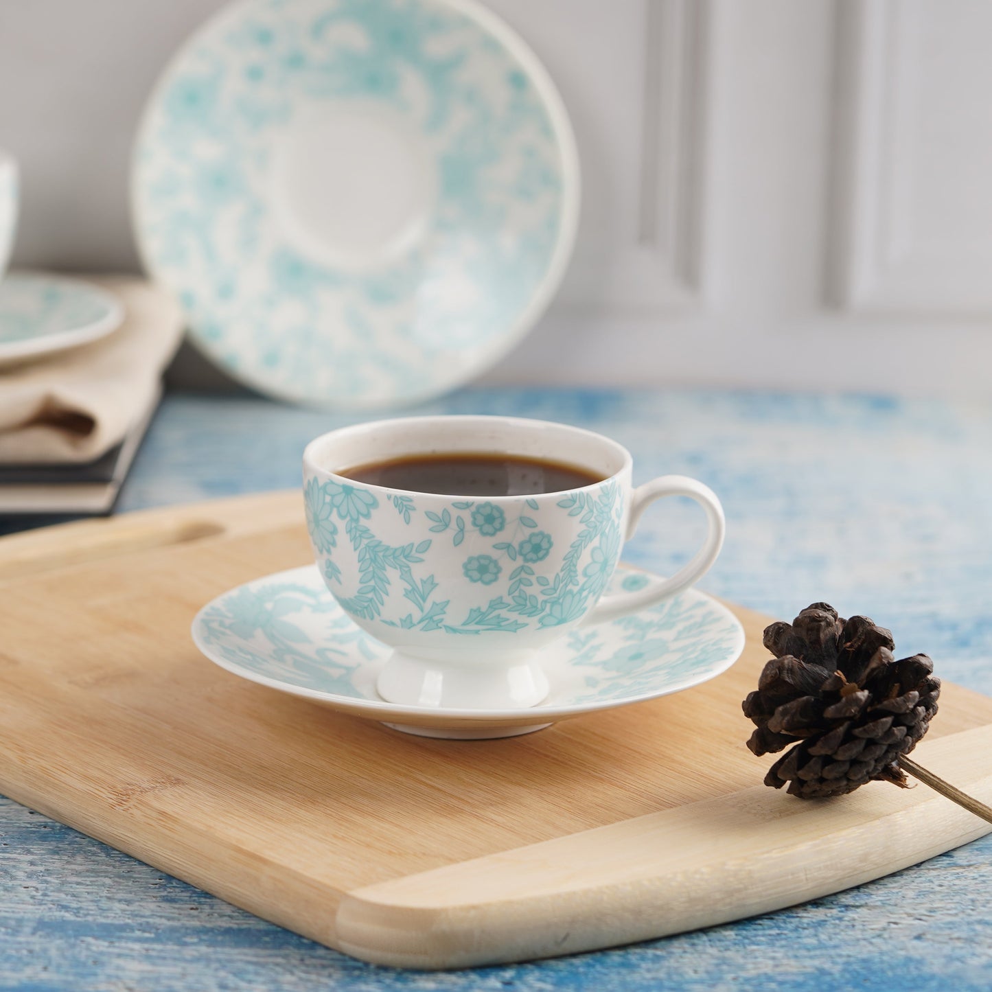 Yana Floral Cups and Saucers in Teal My Store
