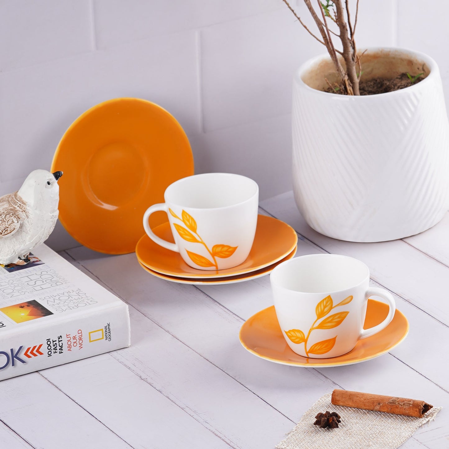 Yellow Leaves Cups and Saucers-stylish tea cup My Store