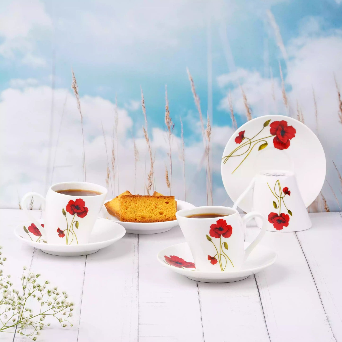 Lara Red Poppy Cups and Saucers-bone china cup set My Store