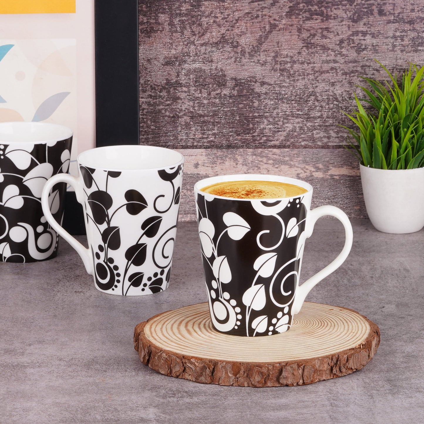 Conical with Black and White Leaves-Collection Coffee / Milk Mugs My Store