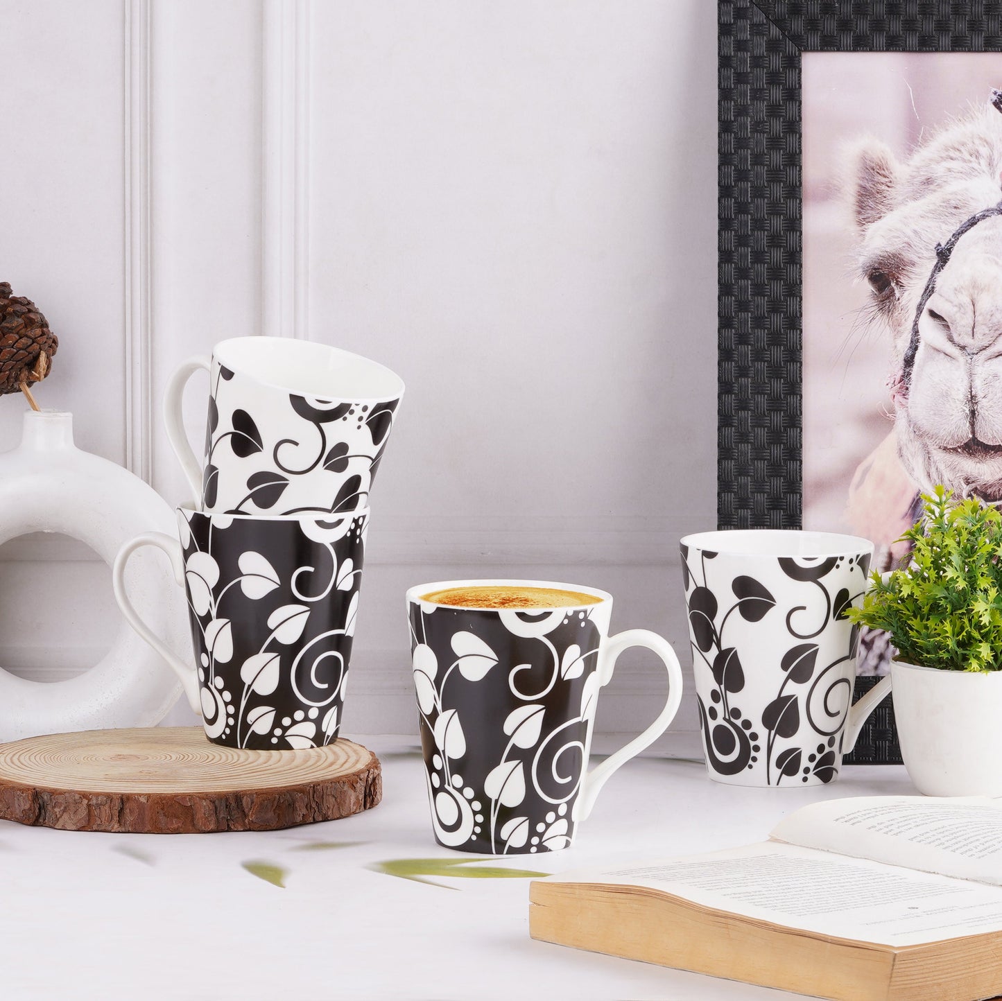 Conical with Black and White Leaves-Collection Coffee / Milk Mugs My Store