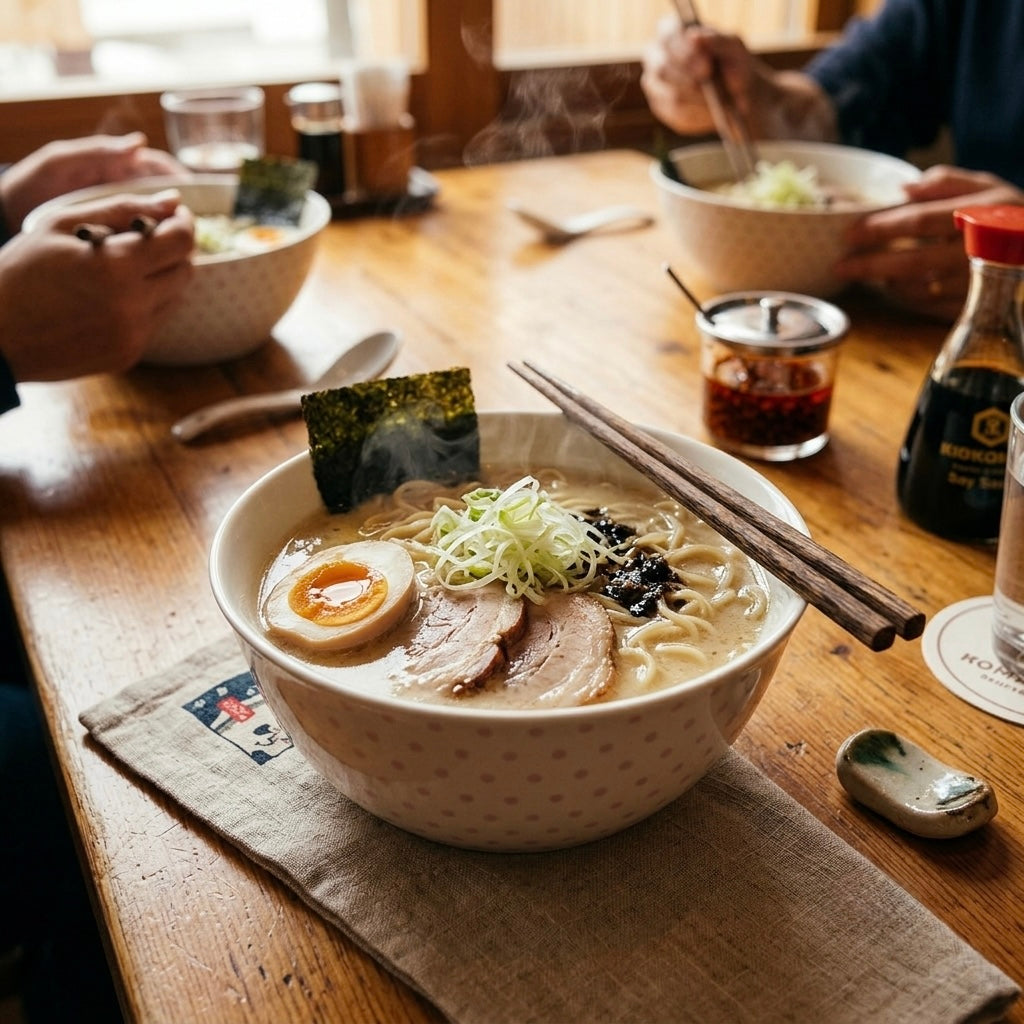 Elegant Korean Ramen Soup Bowl with Pink Dots in fine bone china with stylish pink accents