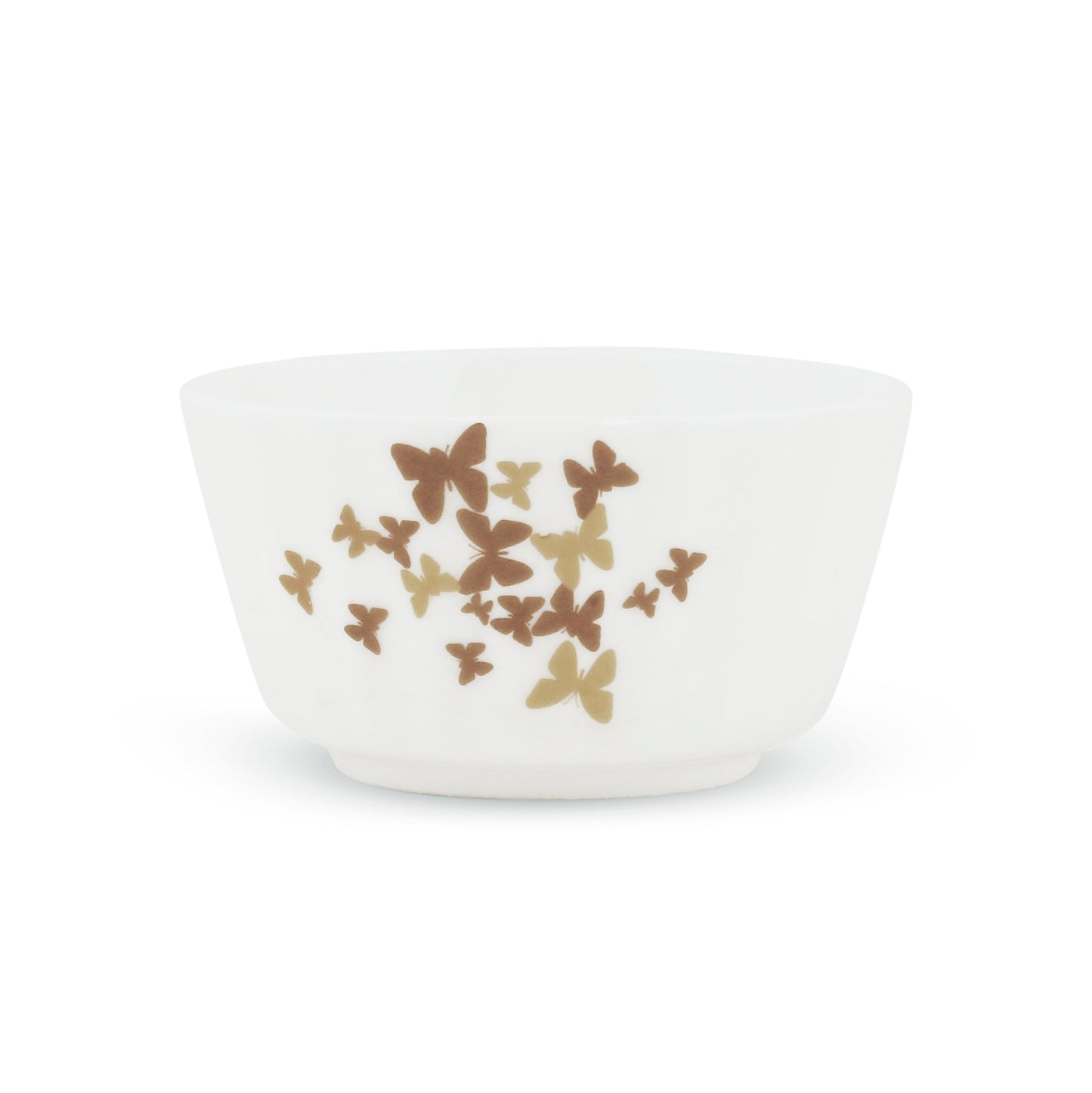 single white crown dessert bowl with golden butterfly design on plain background