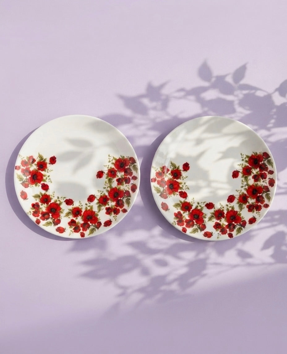 Red Poppy Full Plates set of 2 with elegant red poppy border and premium fine bone china