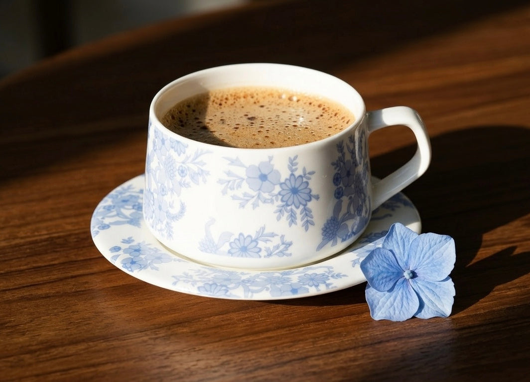 A white ceramic coffee cup with a blue floral pattern sits on a matching saucer on a dark wooden table, with a single light blue flower resting beside it in the sunlight.