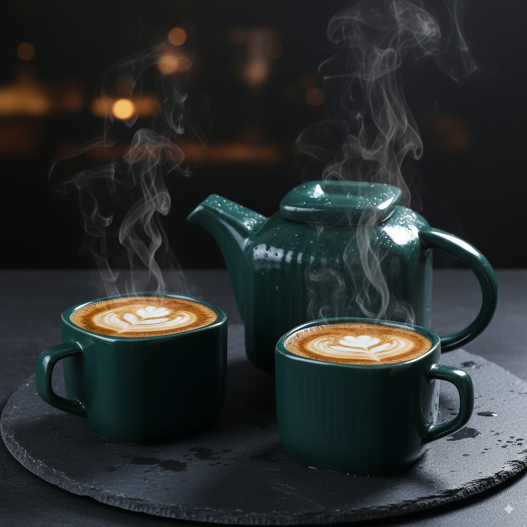 Two steaming green Zen mugs and a Zen teapot on a dark surface with a restaurant background.