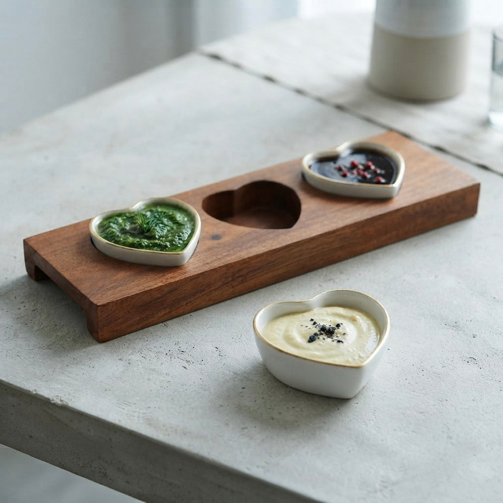 Heart Shaped Chutney Bowls in Pure Gold with Wooden Tray for stylish dining presentation