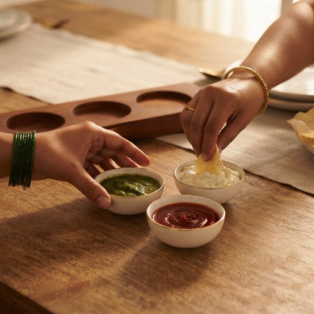 Round Chutney Bowl in Pure Gold with Wooden Tray crafted for serving condiments in style