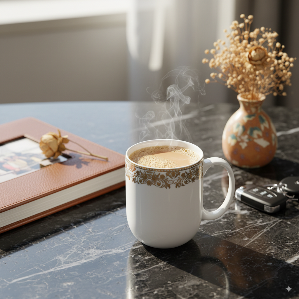 Lila coffee mug with Gold on a marble surface with a book, vase, and remote control in the background.