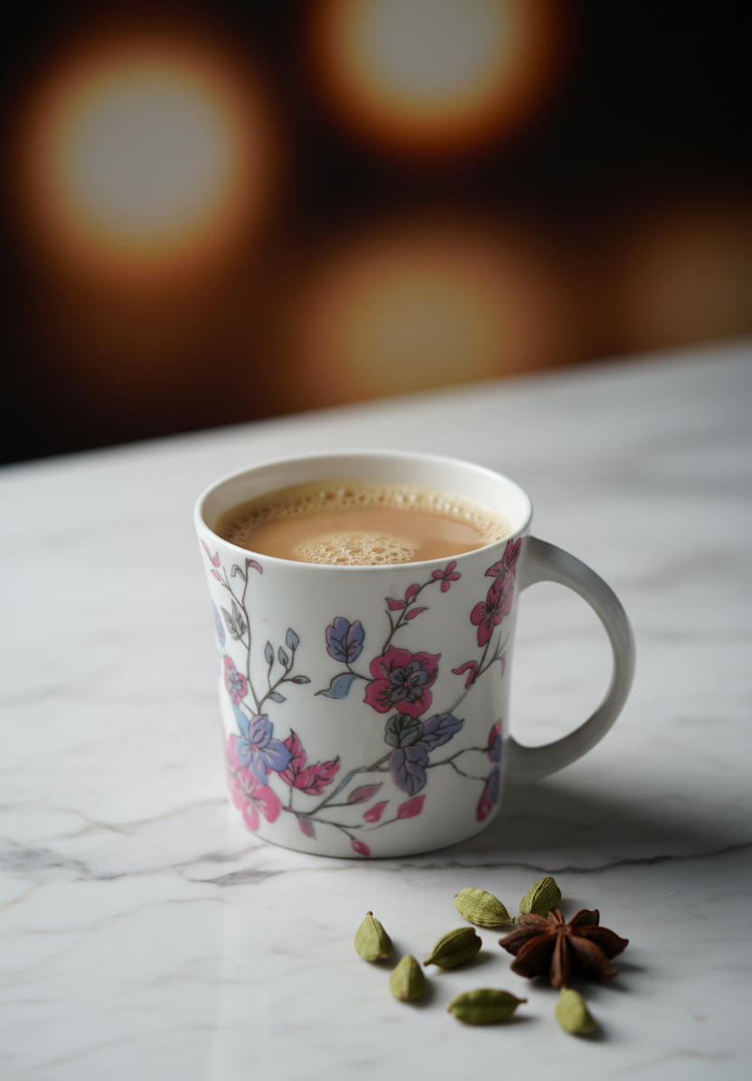 Floral mug named Oxford Medium Flower Valley with a hot beverage on a marble surface with spices.