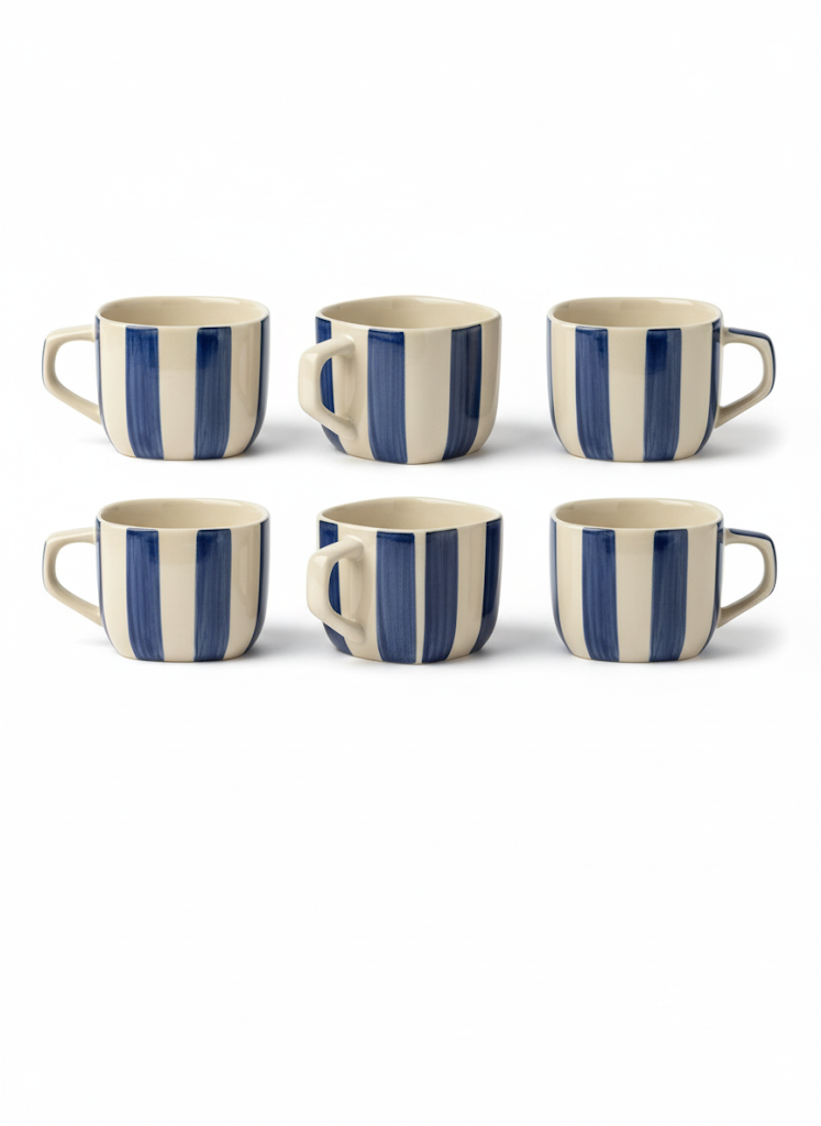 DATA Zen Stripes Hand Painted Coffee Mugs in Blue Lines, Set of 6