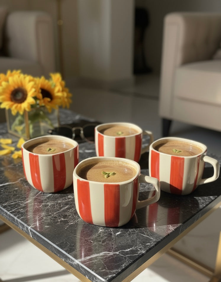 DATA Zen Stripes Hand Painted Coffee Mugs in Red Lines, Set of 6