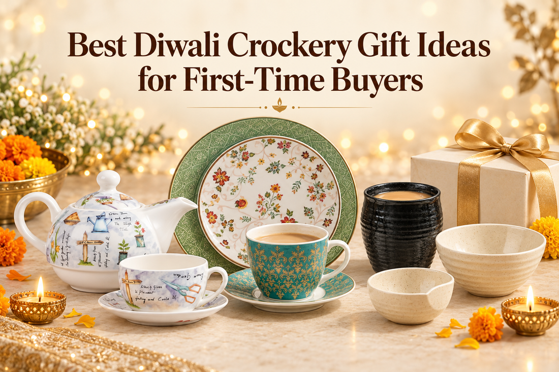 Diwali gift set with floral tea set, cups, and diyas