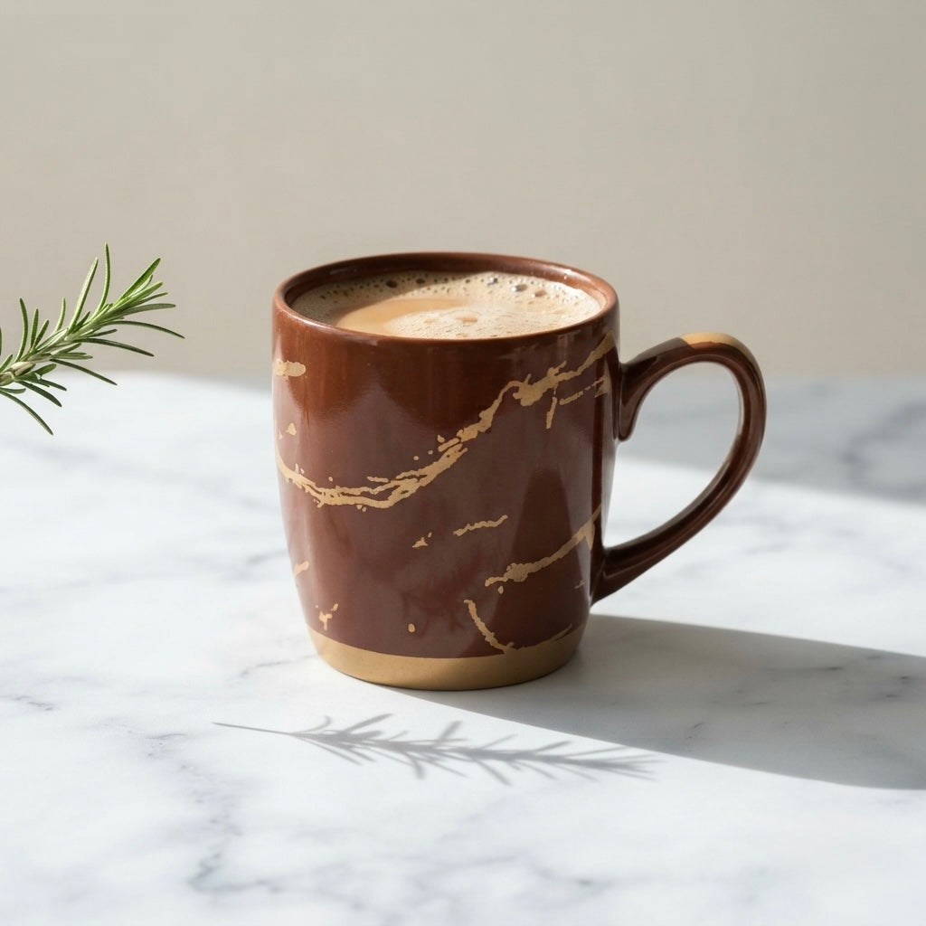 A brown ceramic coffee mug with a gold marble pattern, filled with a latte on a white marble surface with a pine branch sprig in the corner.