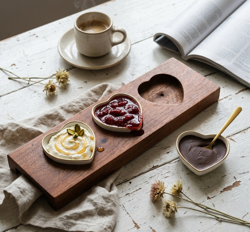 Dandy Lines Heart Chutney Bowl in Pure Gold with Wooden Tray, Serving Set Dandy Lines by DATA