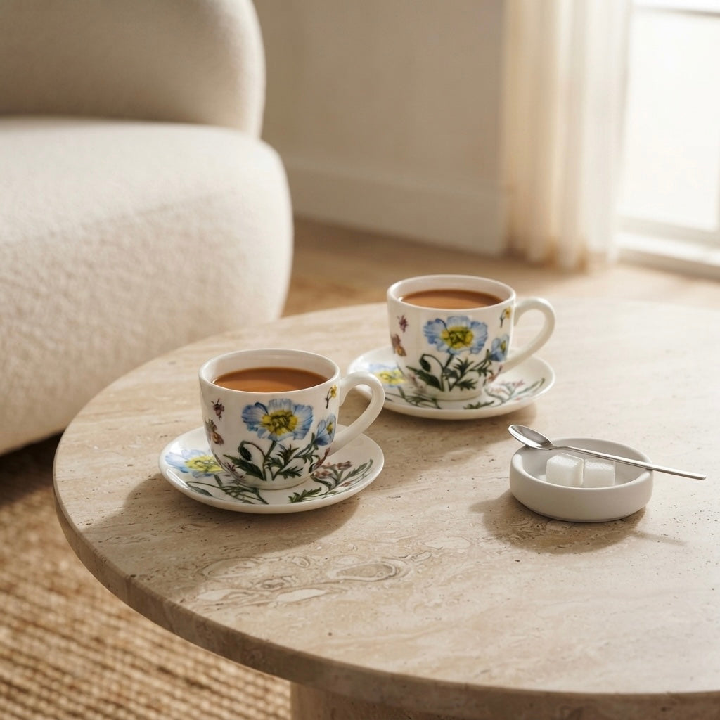 Two white ceramic cups with blue and yellow floral patterns on saucers, filled with coffee on a round stone table, with a small white sugar bowl and spoon nearby.