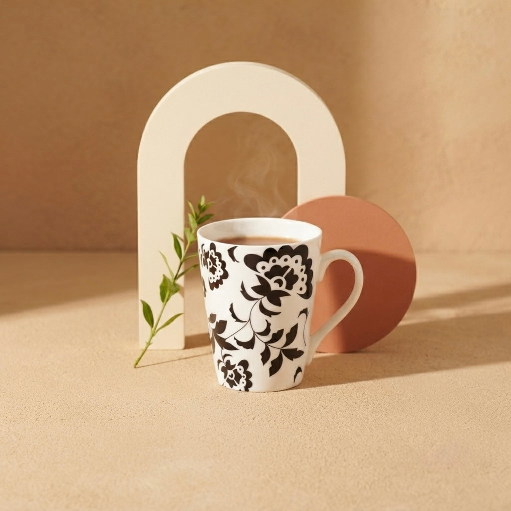 Dandy Lines Conical Black and White Floral Design , Pack of 4 My Store