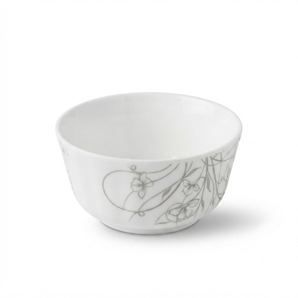Close-up of Platinum Print Ceramic White Bowl featuring glossy white ceramic and luxurious platinum detailing