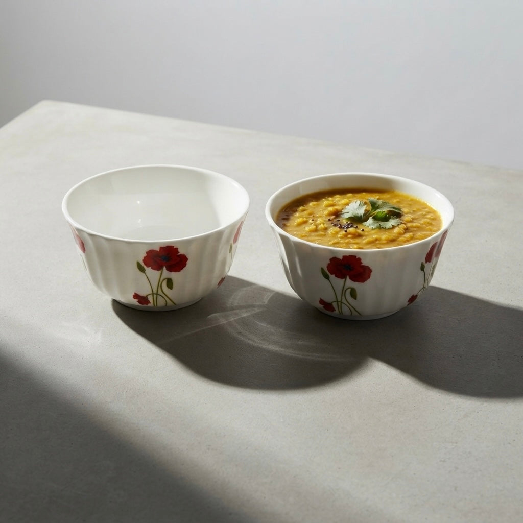 White Crown Dessert Bowls with Red Poppy featuring glossy finish and elegant red poppy artwork