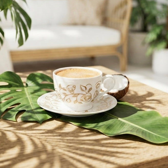 A white ceramic coffee cup with gold leaf patterns sits on a matching saucer on a wooden table, styled with green tropical leaves in a bright, modern living room.