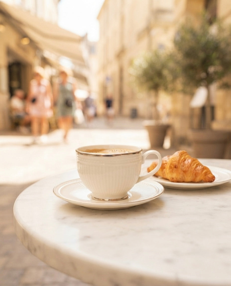 A white ceramic coffee cup with a gold rim sits on a saucer on a round marble table, with a croissant on a small plate beside it. The background shows a softly blurred outdoor cafe or street scene with warm beige buildings and a few indistinct people.