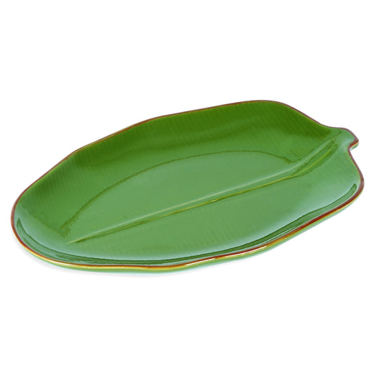 Green Ceramic Eco Leaf Platter with premium ceramic finish for modern table décor and serving