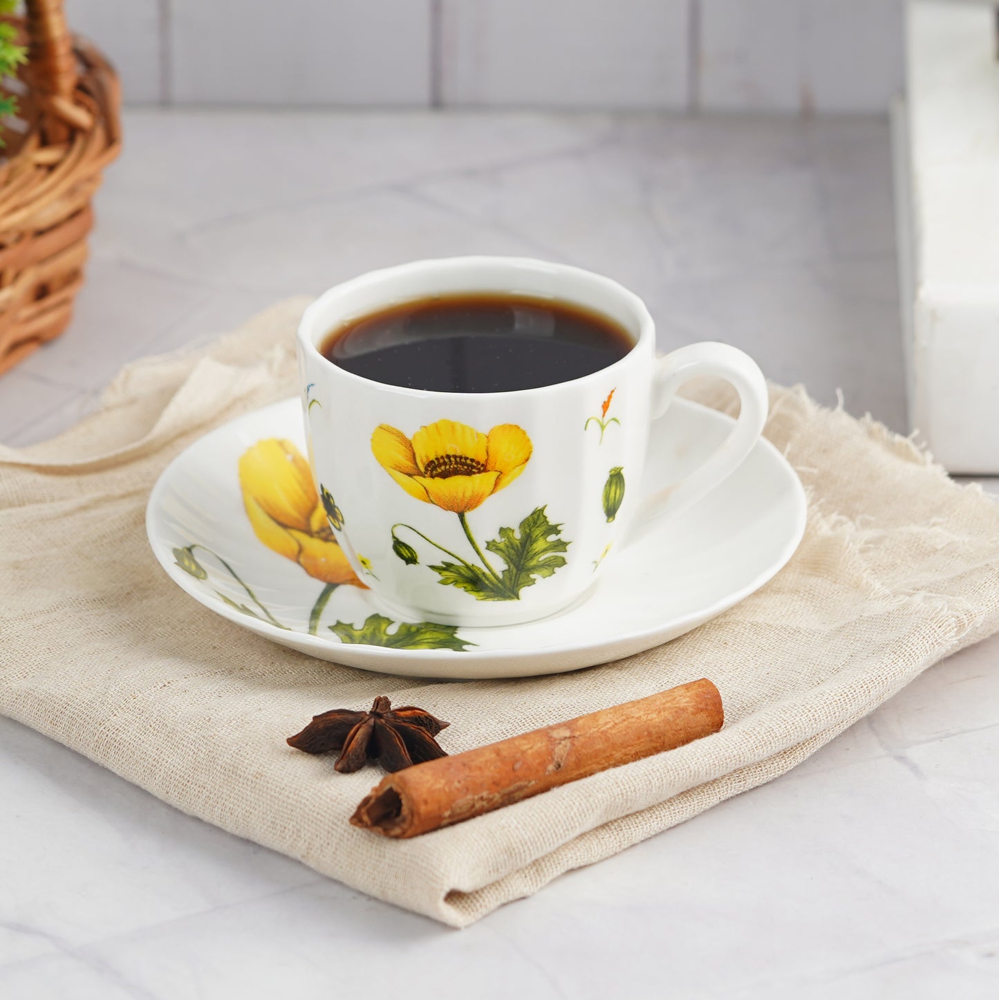 Classic Summer Flora in Yellow-Cup & Saucer Sets