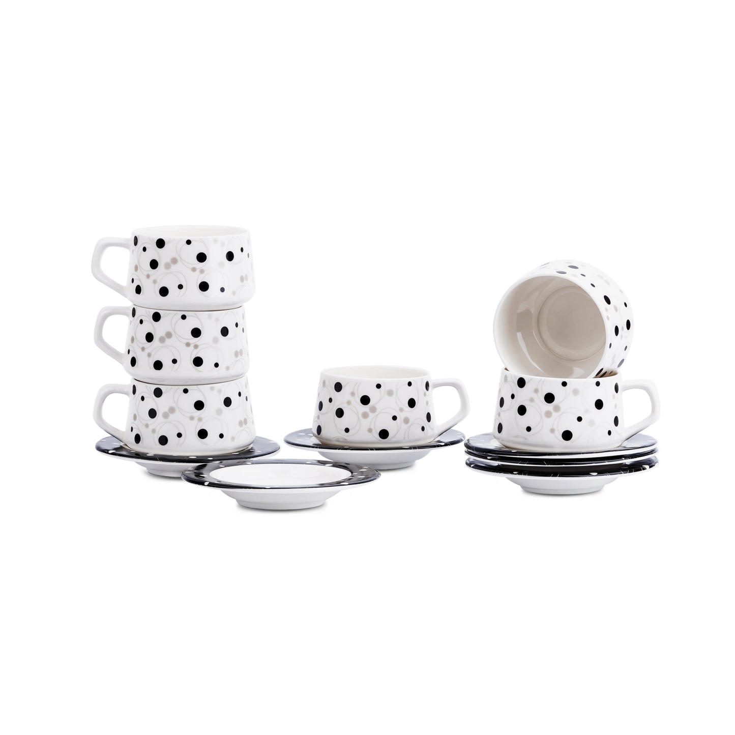 Sana Black Dots Cups and Saucer (Cup Plate Set of 12, Fine Bone China) My Store