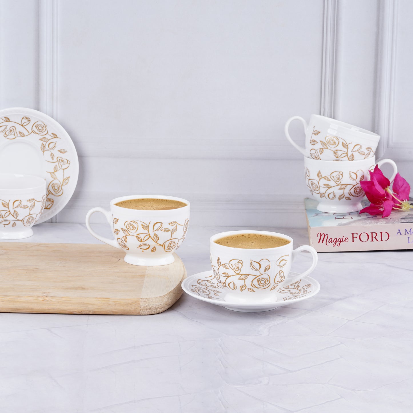 Crown Cups and Saucers in Gold Roses-Bone China Cups & Saucers