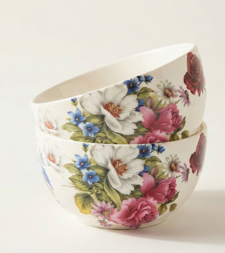 Two stacked ceramic bowls with a white background and a colorful floral print featuring pink, blue, and white flowers with green leaves.