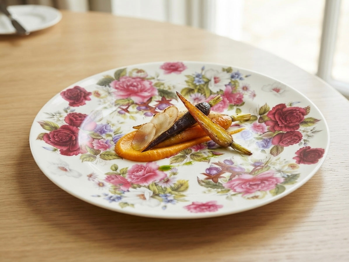 A round white ceramic plate with a classic floral rose pattern, set on a light wooden table with roasted carrots and a piece of salmon on top.