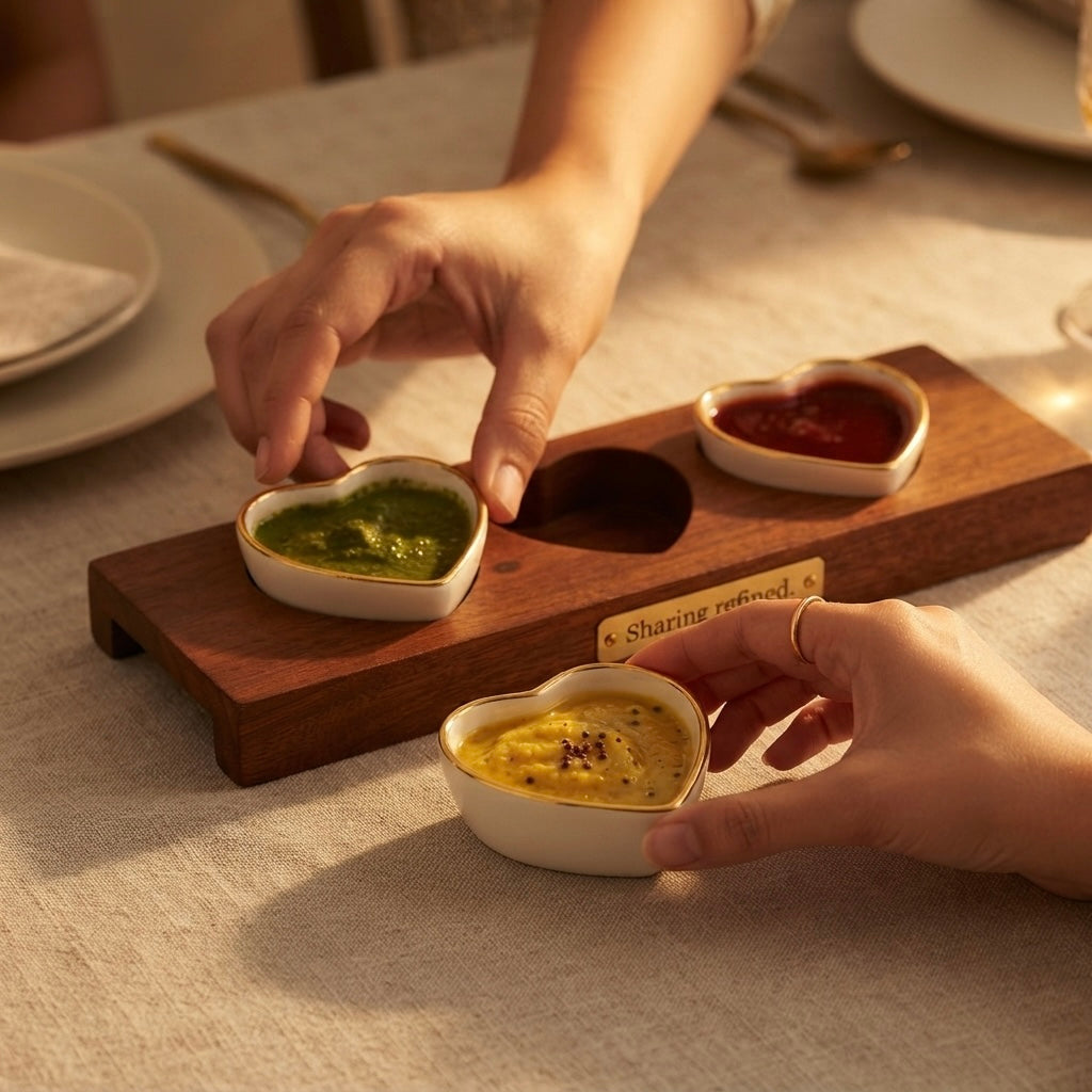 Fine bone china Heart Shaped Chutney Bowls in Pure Gold with premium wooden base