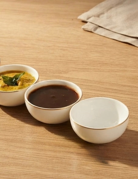 White Round Chutney Bowl in Pure Gold with Wooden Tray featuring premium wooden serving base