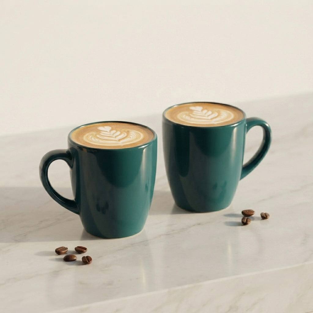 Two dark teal ceramic coffee mugs filled with latte art, placed on a light marble surface with scattered coffee beans.