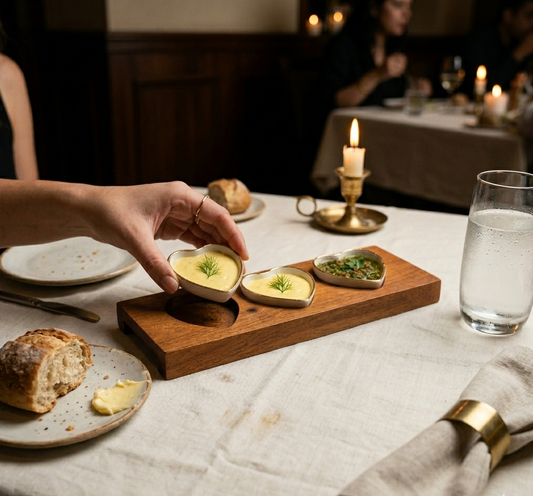 Dandy Lines Heart Chutney Bowl in Pure Gold with Wooden Tray, Serving Set Dandy Lines by DATA