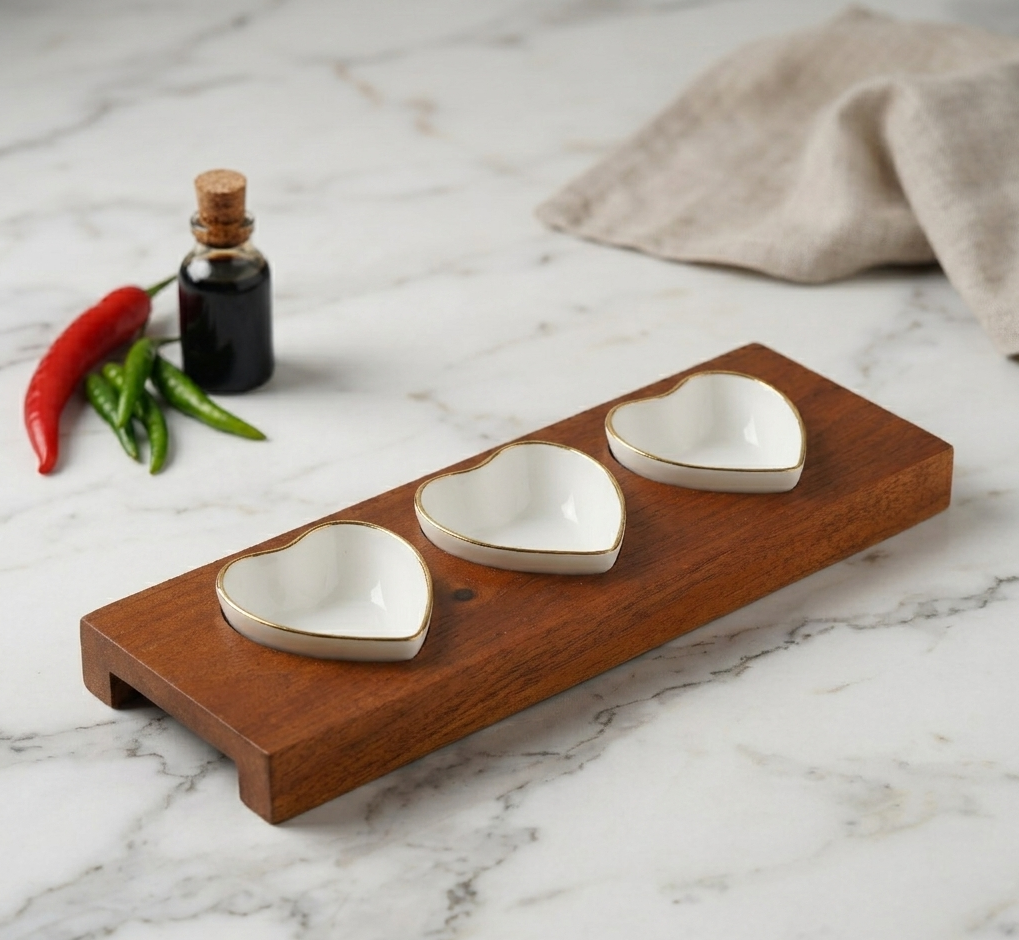 Heart Shaped Chutney Bowls in Pure Gold with Wooden Tray (Serving Set, 3 Bowls, 1 Tray) Dandy Lines by DATA