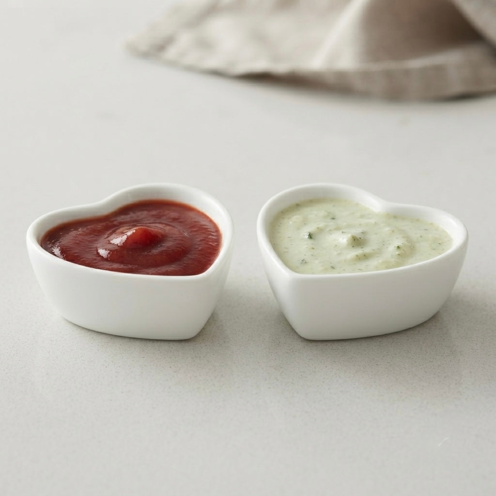 Elegant Heart Chutney Dip Bowls Set with smooth white finish for stylish table settings