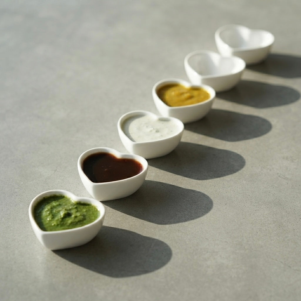 White Heart Chutney Dip Bowls Set with glossy finish for everyday and festive dining