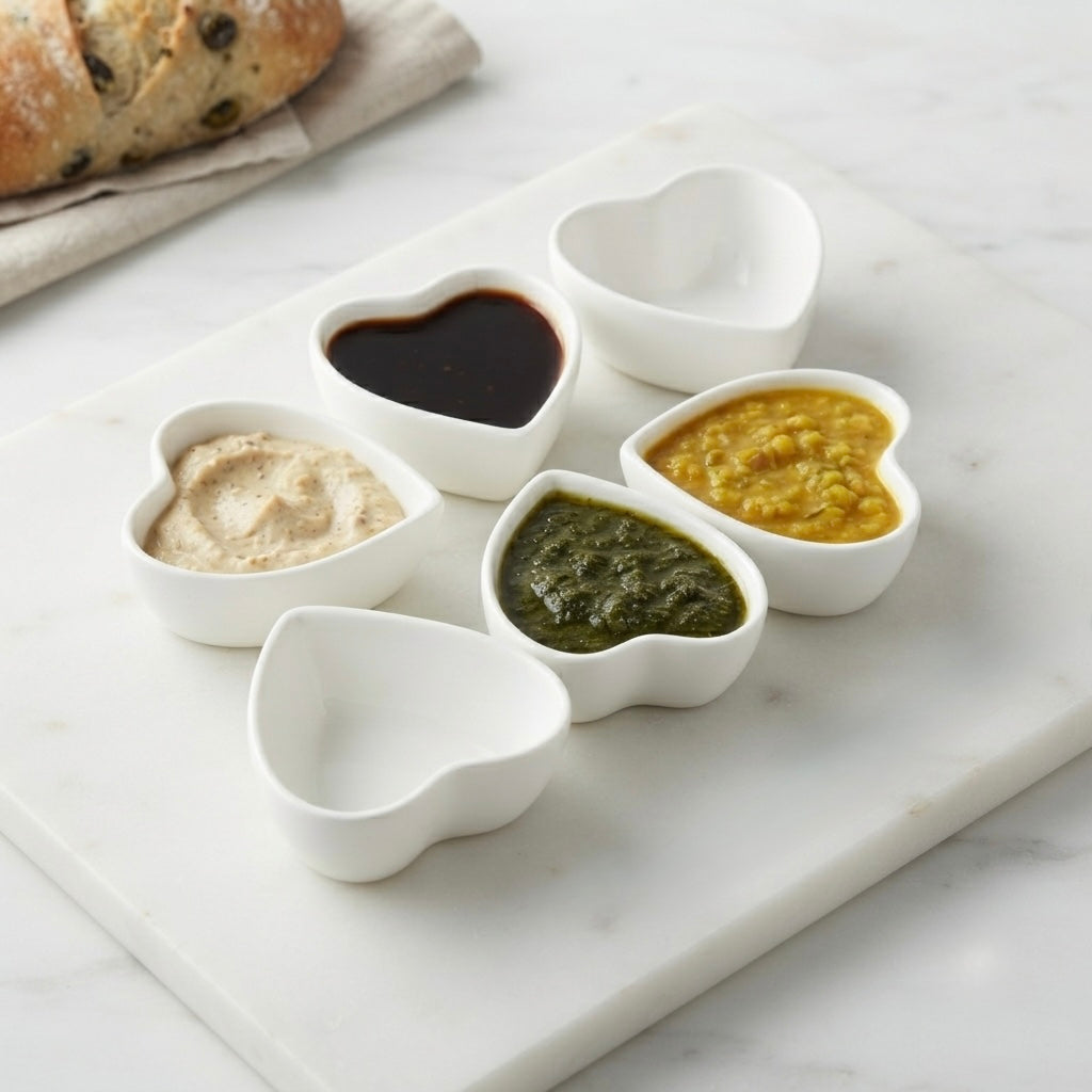 Premium Heart Chutney Dip Bowls Set with glossy white finish for sauces and chutneys
