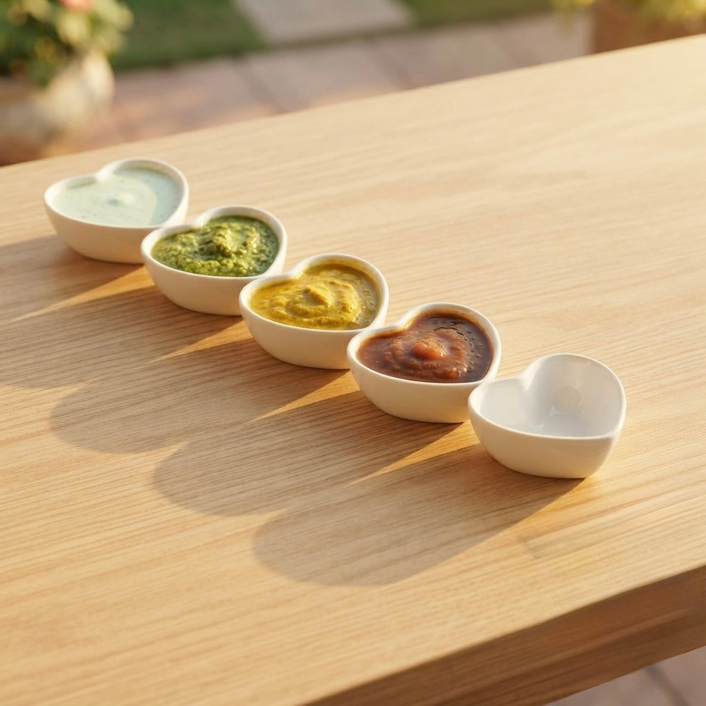 Heart Chutney Dip Bowls Set in white fine bone china with elegant heart shaped design