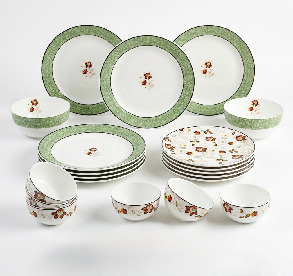 Kerala Floral White & Green Fine Bone China Dinner Set – 20 Pc My Store