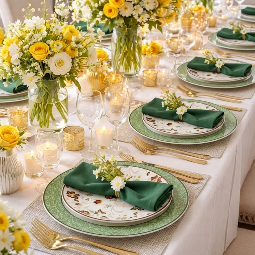 Elegant dining table setting with yellow and white floral arrangements, green plates, and gold cutlery.