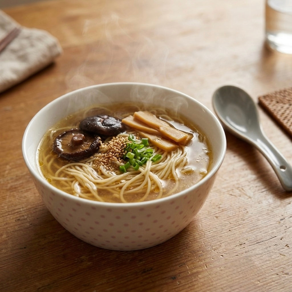 White Korean Ramen Soup Bowl with Pink Dots featuring glossy finish and modern dotted design