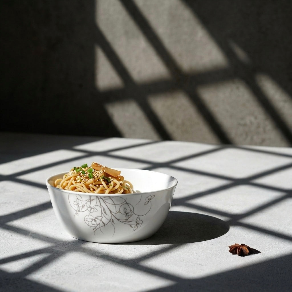 Luxury Korean Ramen Salad Bowl in Rich Platinum Floral for soups salads and noodles