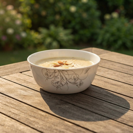 Korean Ramen Salad Bowl in Rich Platinum Floral with elegant white fine bone china design