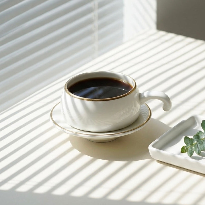 A white ceramic coffee cup with a gold rim sits on a matching saucer filled with black coffee, placed on a sunlit white table beside a small white dish holding green eucalyptus leaves. Parallel window blinds cast diagonal shadows across the scene.