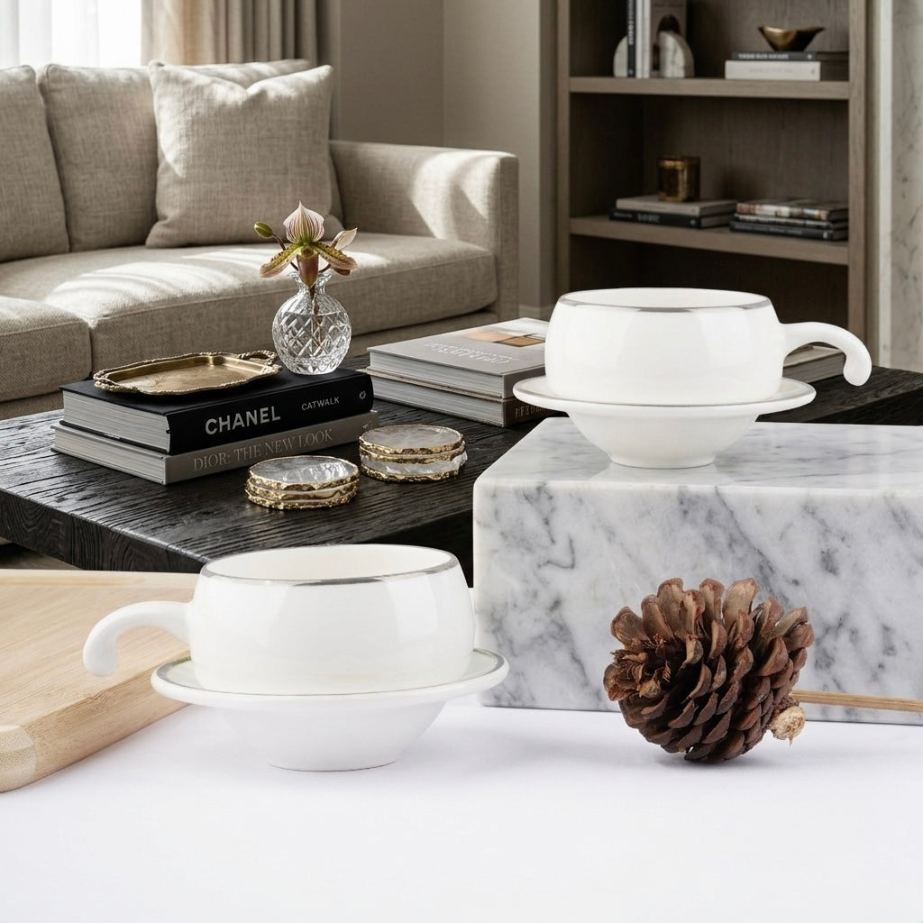 White ceramic tea or coffee cups with matching saucers, styled on a marble block and tabletop in a modern living room setting.