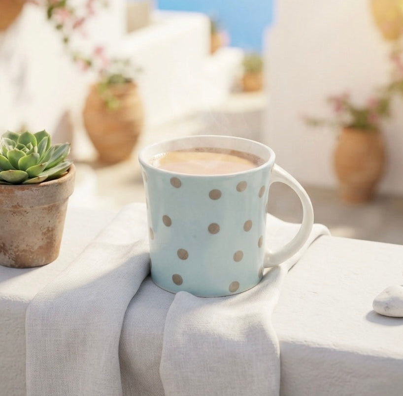 A light blue ceramic mug with beige polka dots sits on a white draped tablecloth, filled with a light brown beverage. The mug is styled outdoors on a white stone ledge next to a small potted succulent, with a blurred Mediterranean-style background featuring white walls, terracotta pots, and a blue sky.