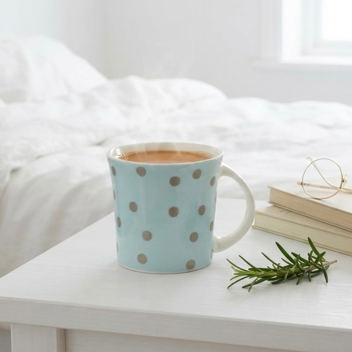 A light blue ceramic mug with brown polka dots sits on a white bedside table next to a stack of books and a rosemary sprig, with a softly blurred white bed and window in the background.