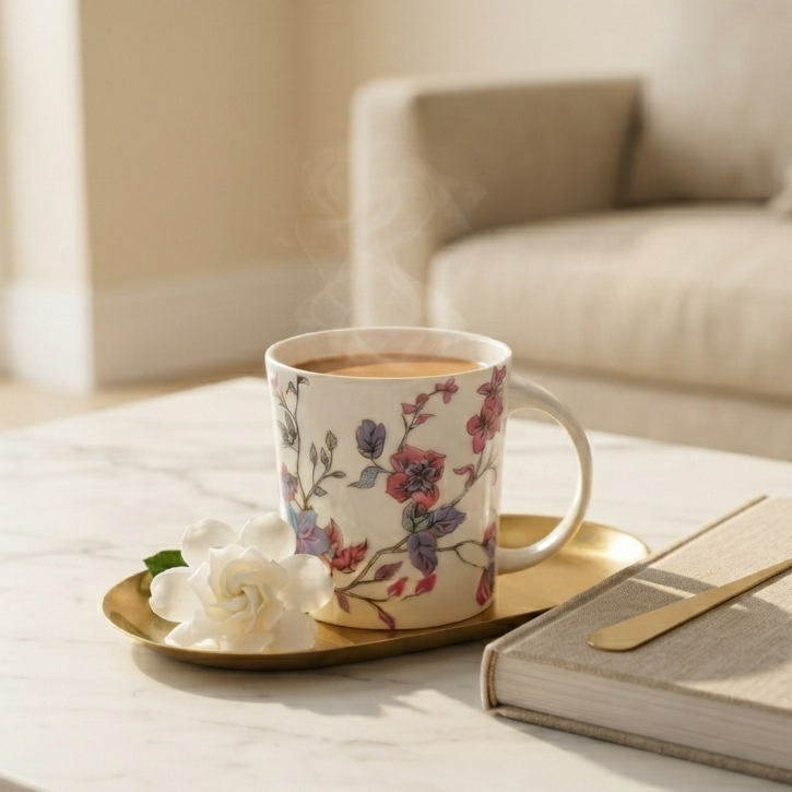 A white ceramic mug with a colorful floral pattern sits on a gold tray on a marble table, with a book nearby in a softly lit living room setting.